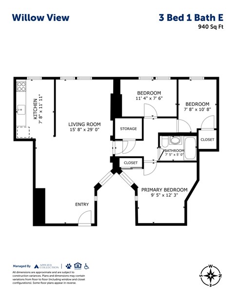 Floor plan for 3 beds, 1 bath, 870 sqft